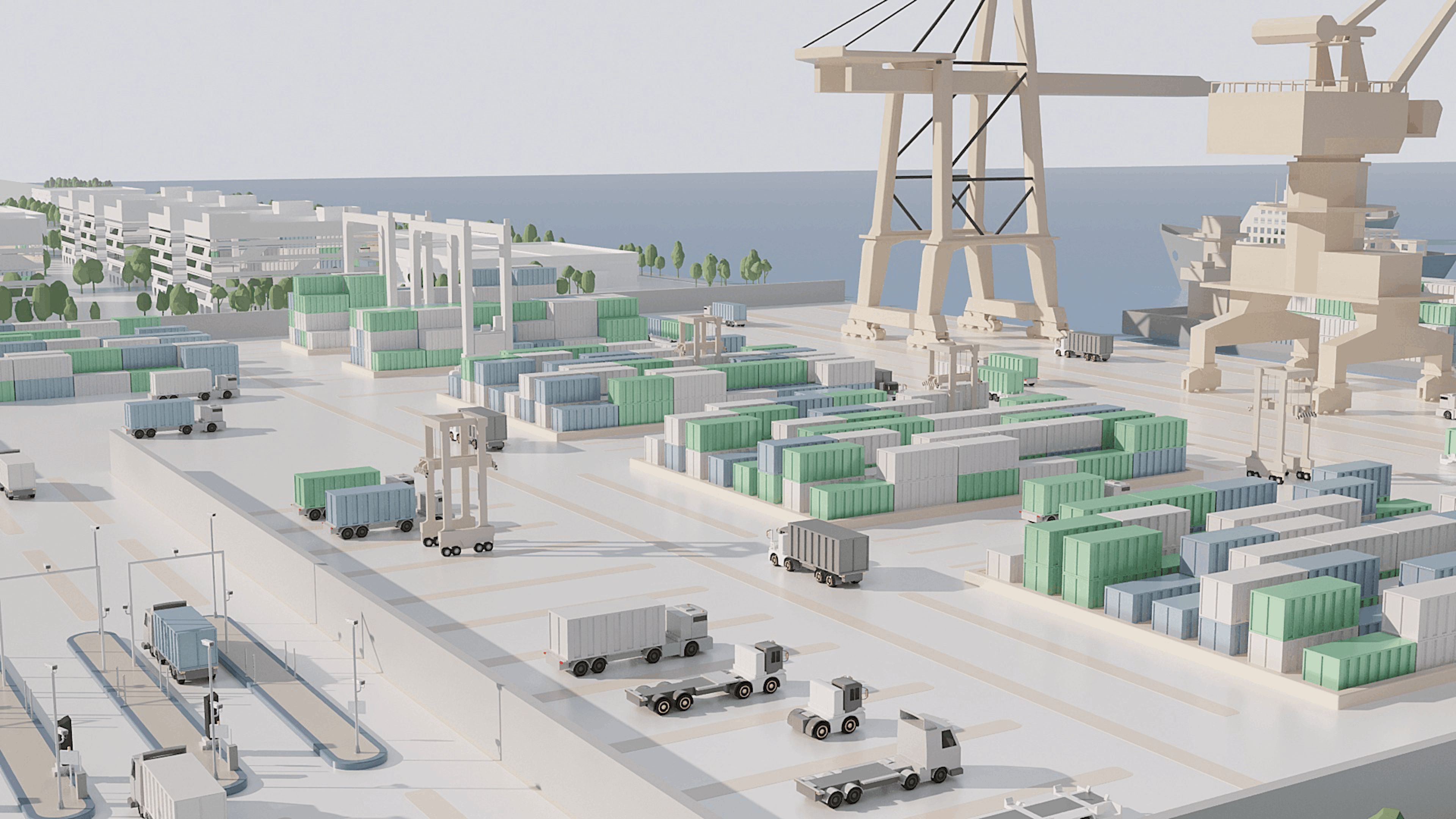 ReeWell intelligent scheduling displaying real-time dispatching and coordination across all logistics nodes, including vehicles, yard operations, container handling tasks, equipment status, routing paths, and operational workflows within an automated smart logistics ecosystem.