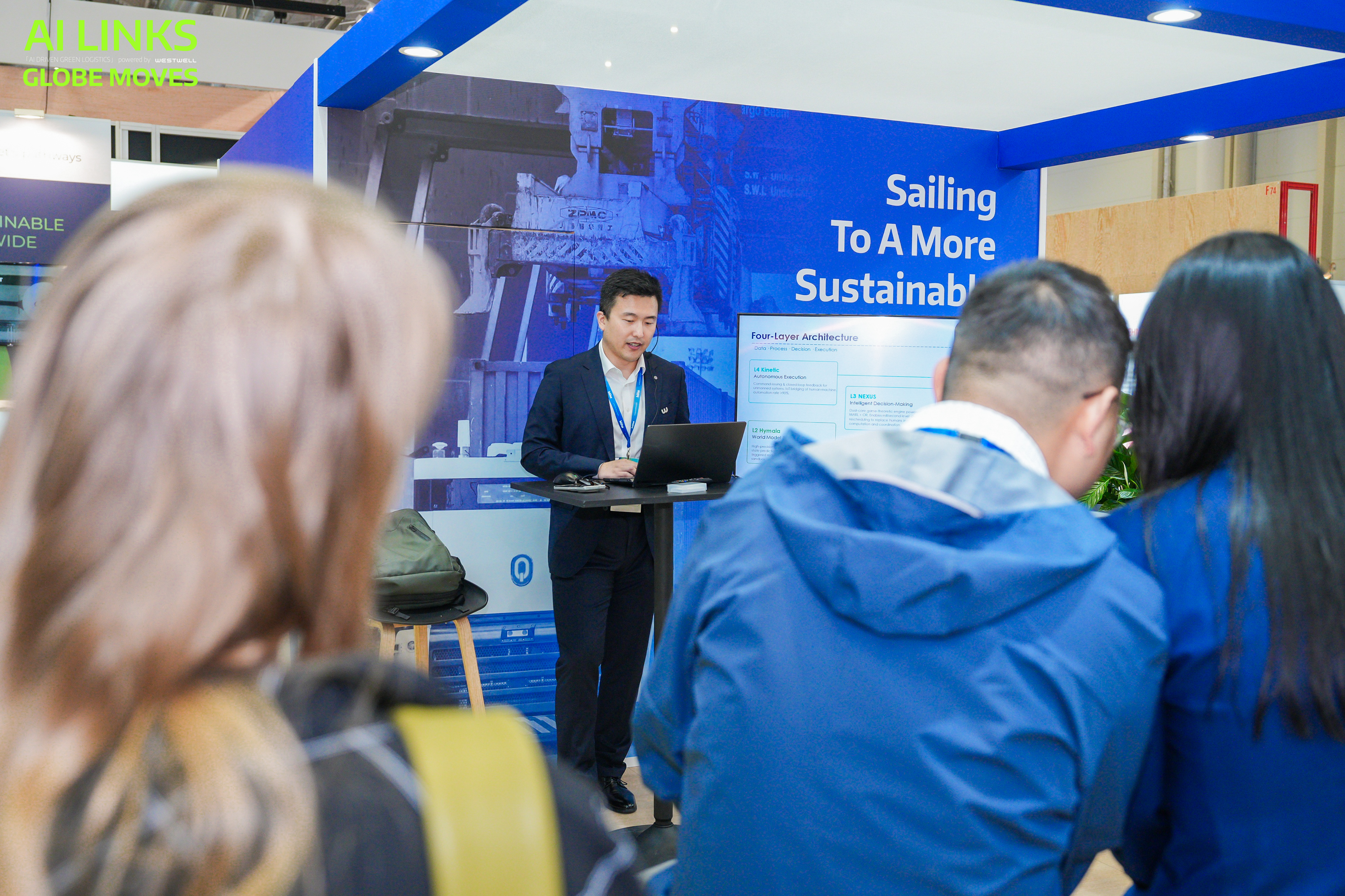 Westwell expert presenting the ReeWell all-scenario scheduling platform at the Westwell booth, showcasing intelligent dispatching and coordination of port equipment for smart port operations.