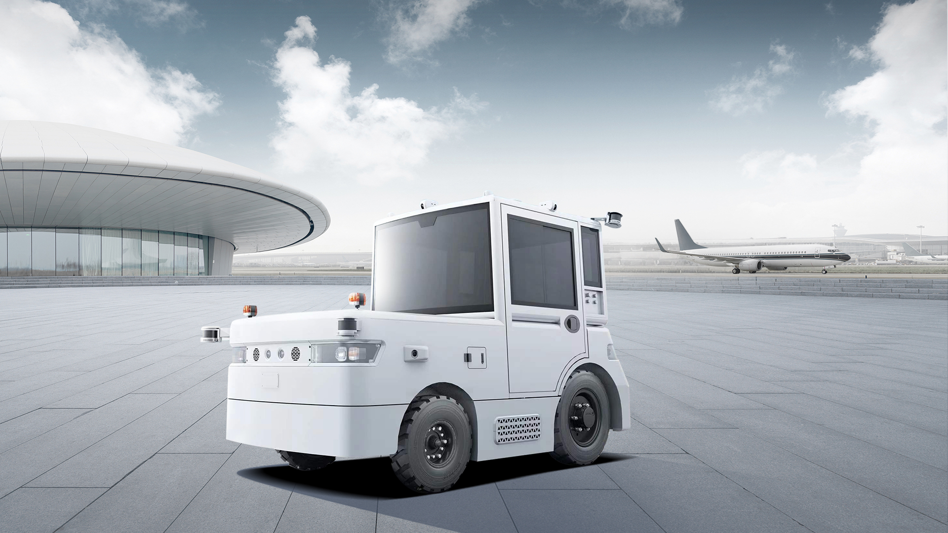 Rendered image of Westwell tow tractor in airport operations, showcasing autonomous airport logistics vehicle for efficient baggage and cargo handling.
