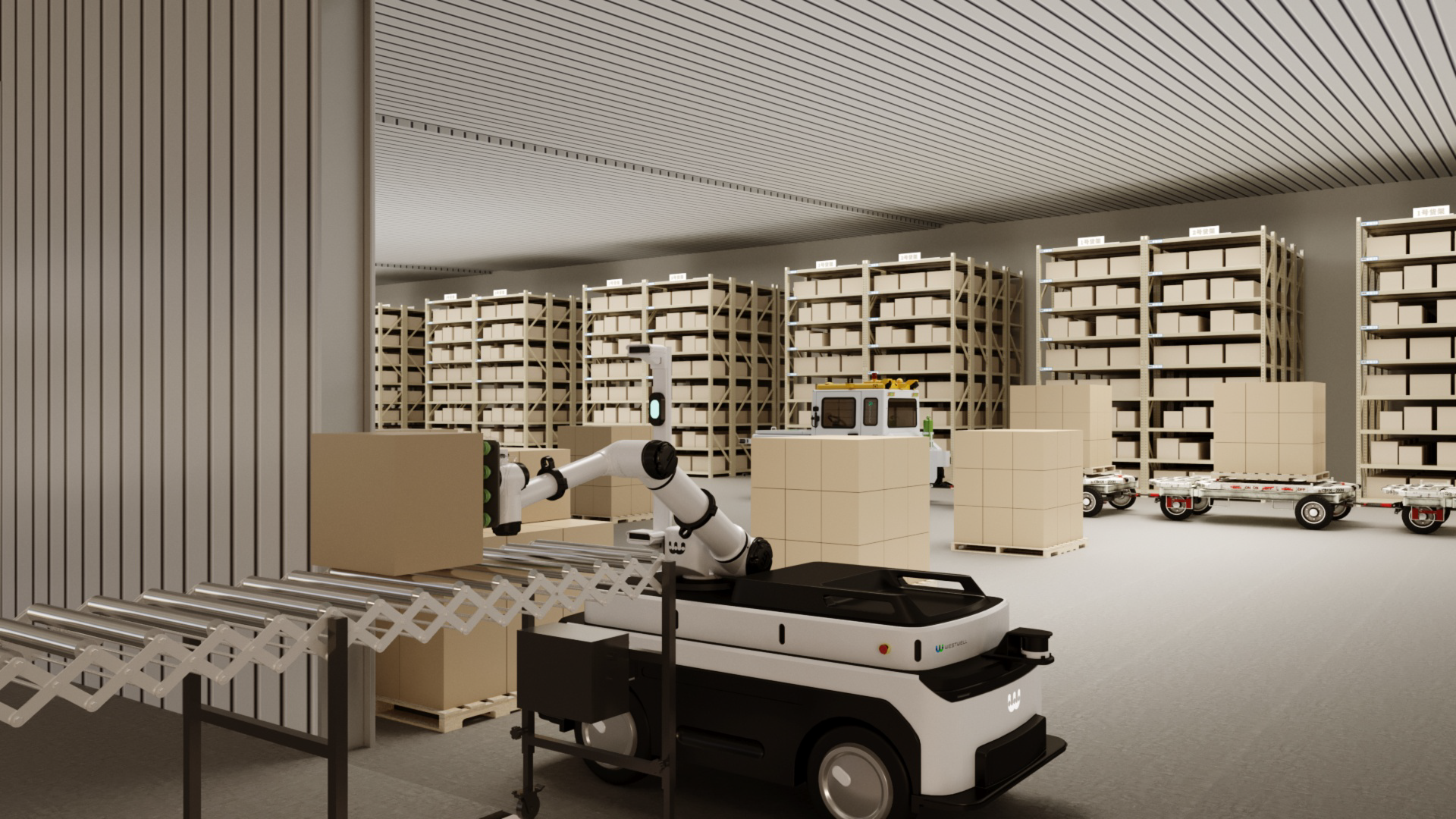 Westwell AMR robot automatically distributing goods from pallet storage areas, improving warehouse efficiency and material flow.