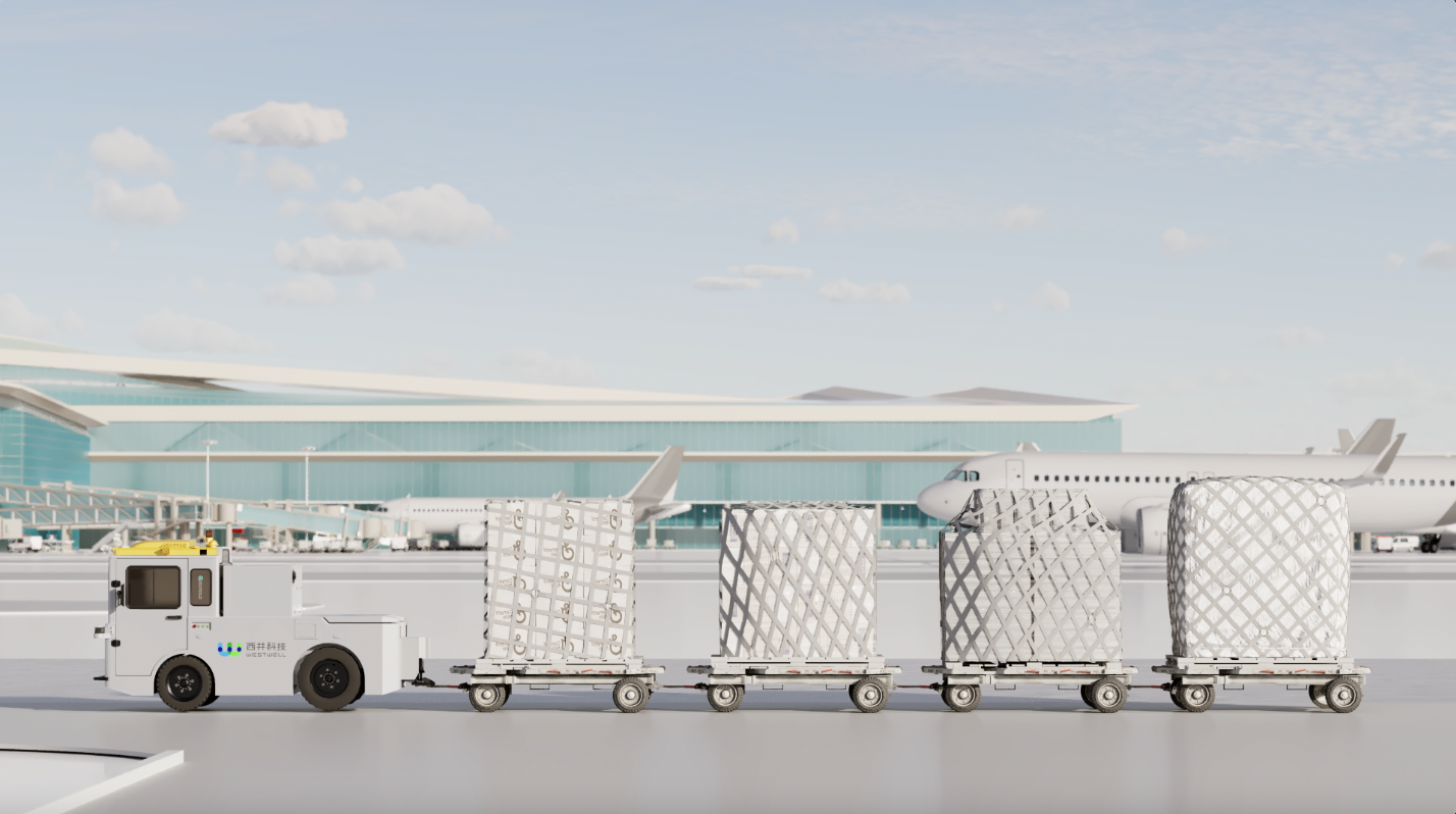 Electric ground support equipment towing air cargo dollies on an airport apron