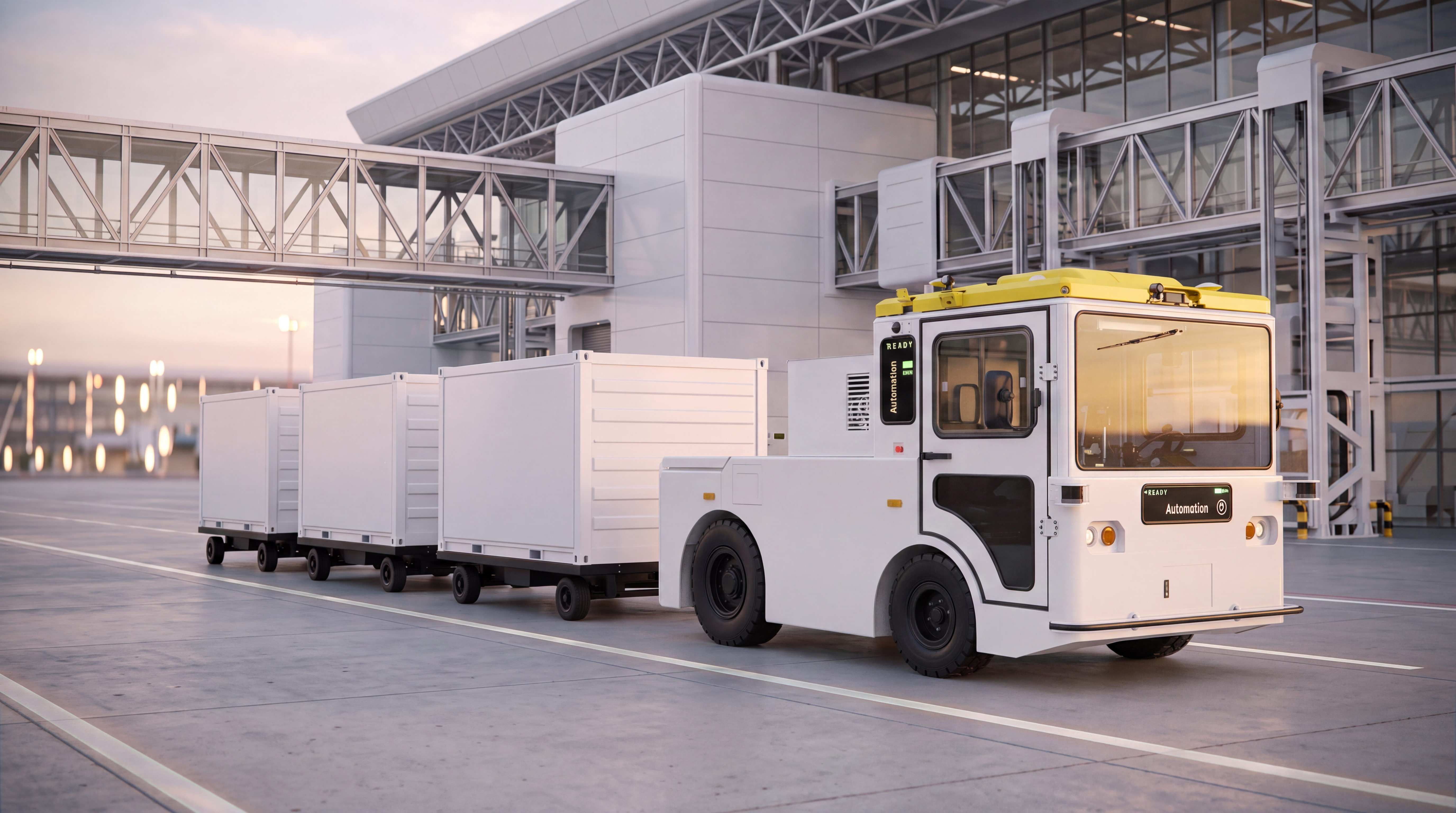 Westwell Q-Tractor P40 operating on an airport apron, towing cargo containers for airside freight transport.